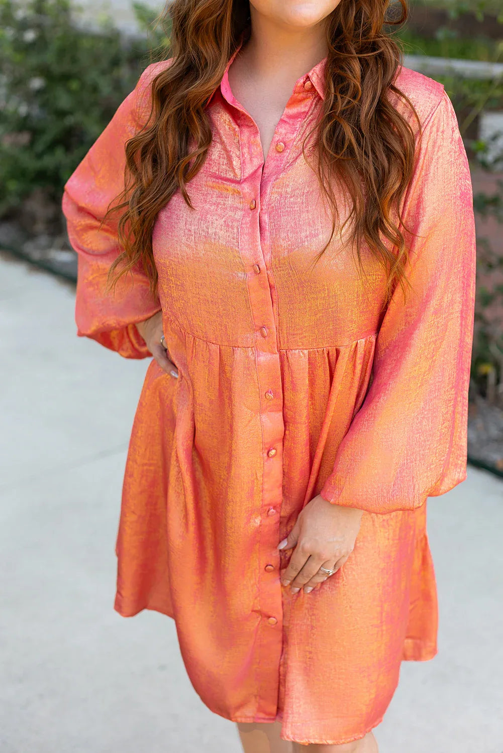 Peach Metallic Balloon Sleeve Shirt Dress Bazaare Mart Plus Size/Plus Size Dresses/Plus Size Mini Dresses