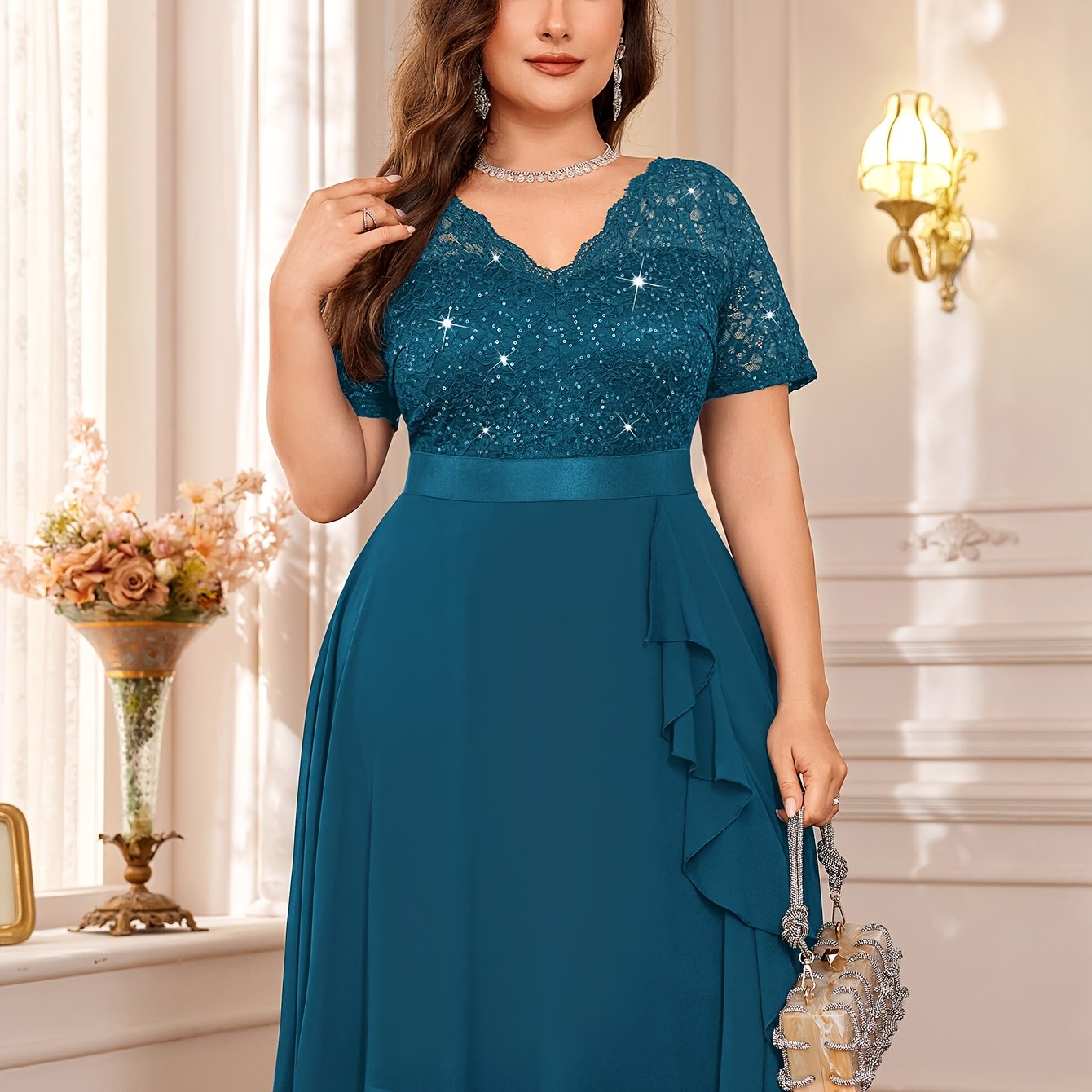 Sequin Lace V-Neck Short Sleeve Chiffon Ruffle Hem Dress