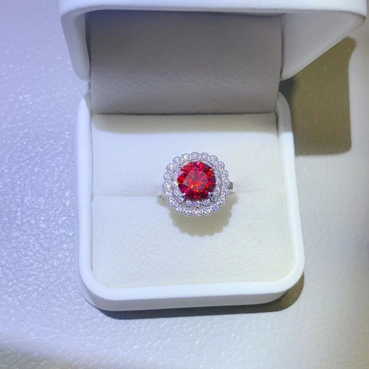 Round Red Moissanite 925 Sterling Silver Ring