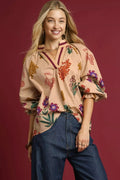 Umgee Floral Print Flounce Sleeve Blouse TAN MIX Trendsi Umgee Floral Print Flounce Sleeve Blouse