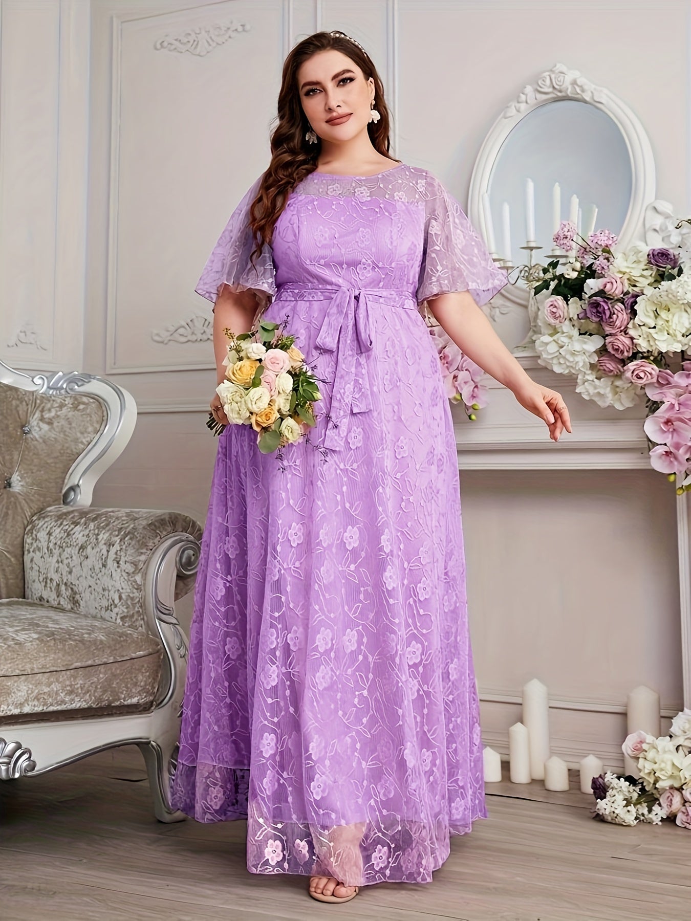 Elegant High Waist Lace Round Neck Half Flutter Sleeve Solid Color Formal Floor Length Dress