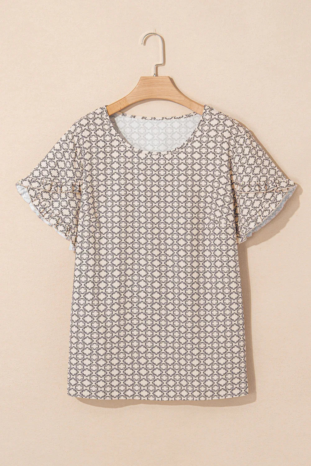 Khaki Plus Size Geometric Print Ruffled Sleeve Blouse Dear-Lover Dropshipping Plus Size/Plus Size Tops/Plus Size Blouses & Shirts