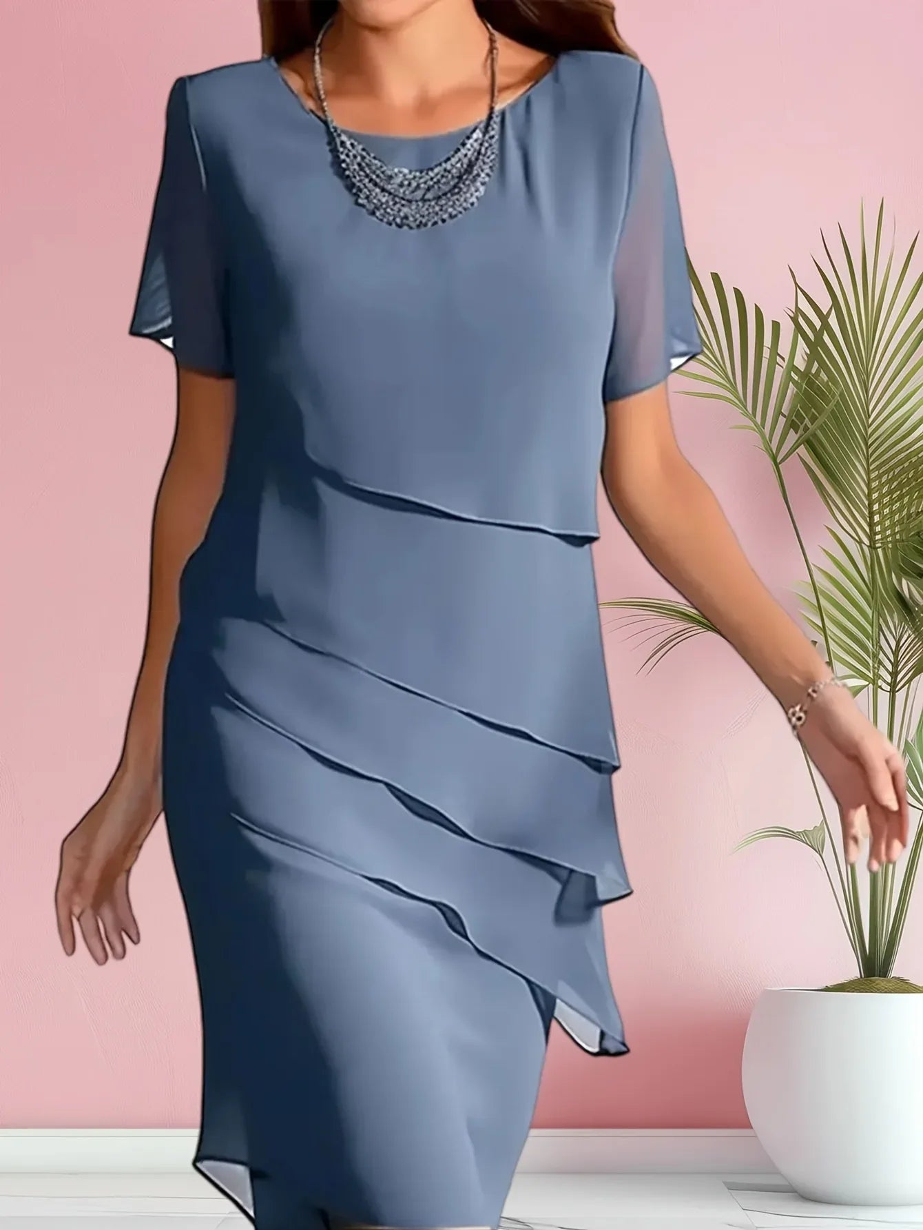 Round Neck Half Sleeve Layered Chiffon Dress Bazaare Mart Short Sleeve Dress