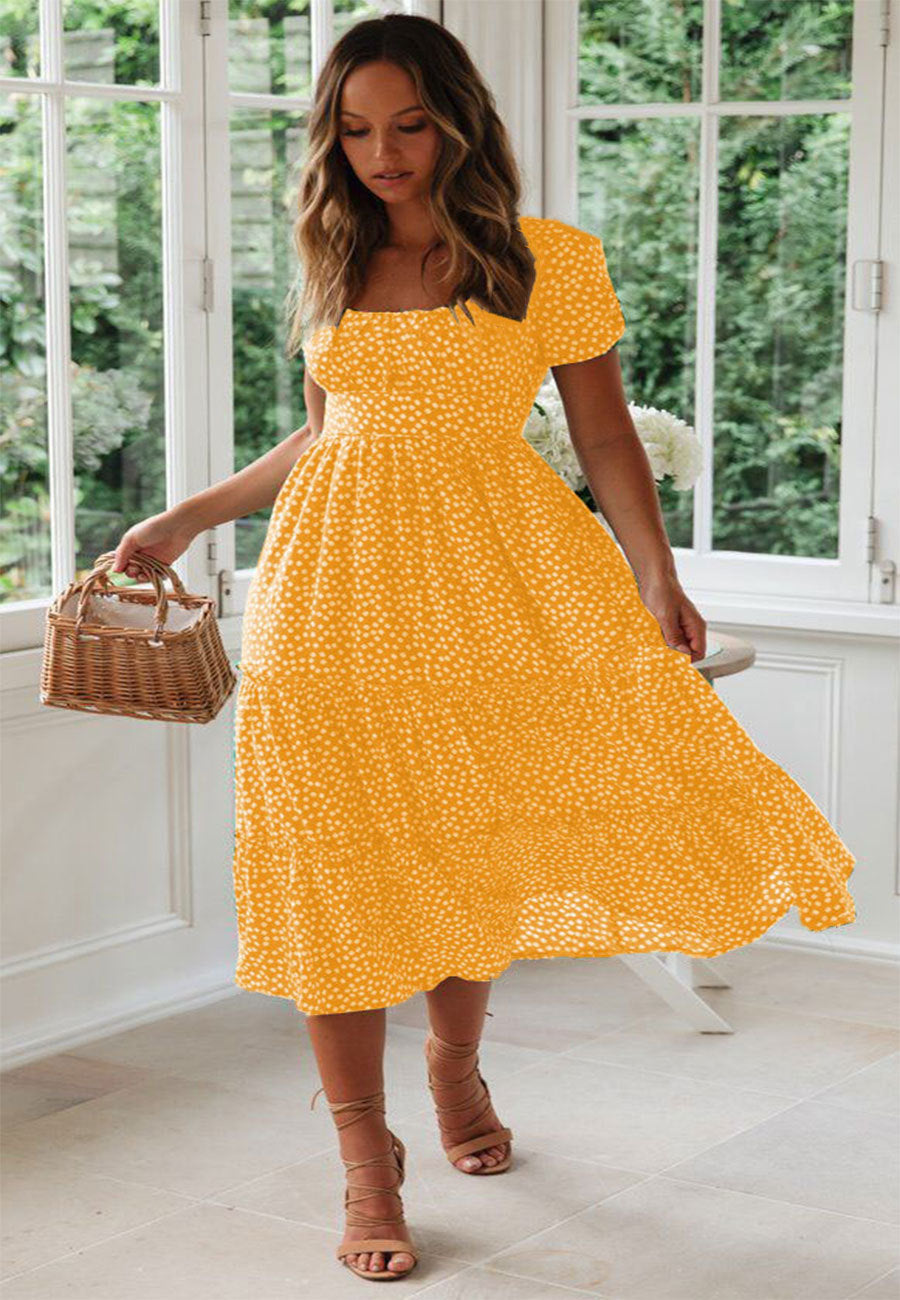 Short Puff Sleeve Floral Tiered Dress Yellow CJ Dropshipping Ditsy Tiered Peasant Dress