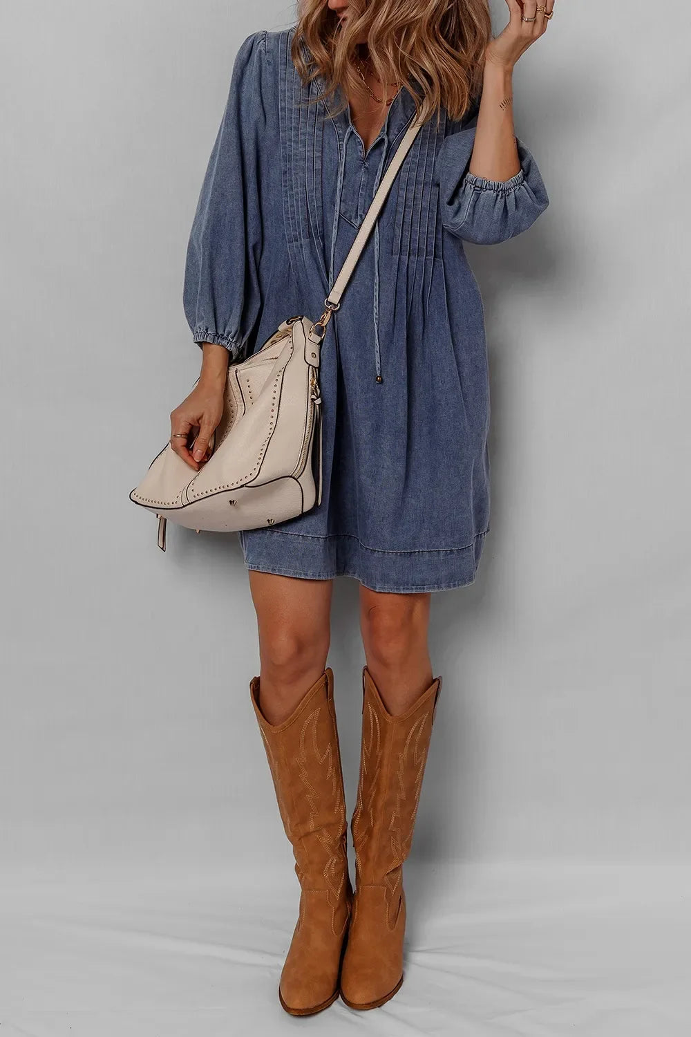 Tie Neck 3/4 Sleeve Mini Denim Dress Trendsi Denim Dress