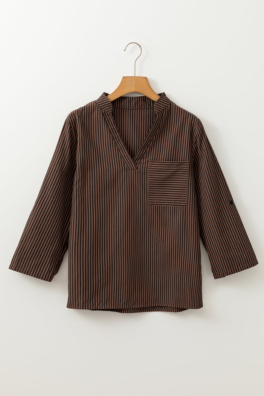 Brown Stripe V Neck Roll Up Sleeve Shirt