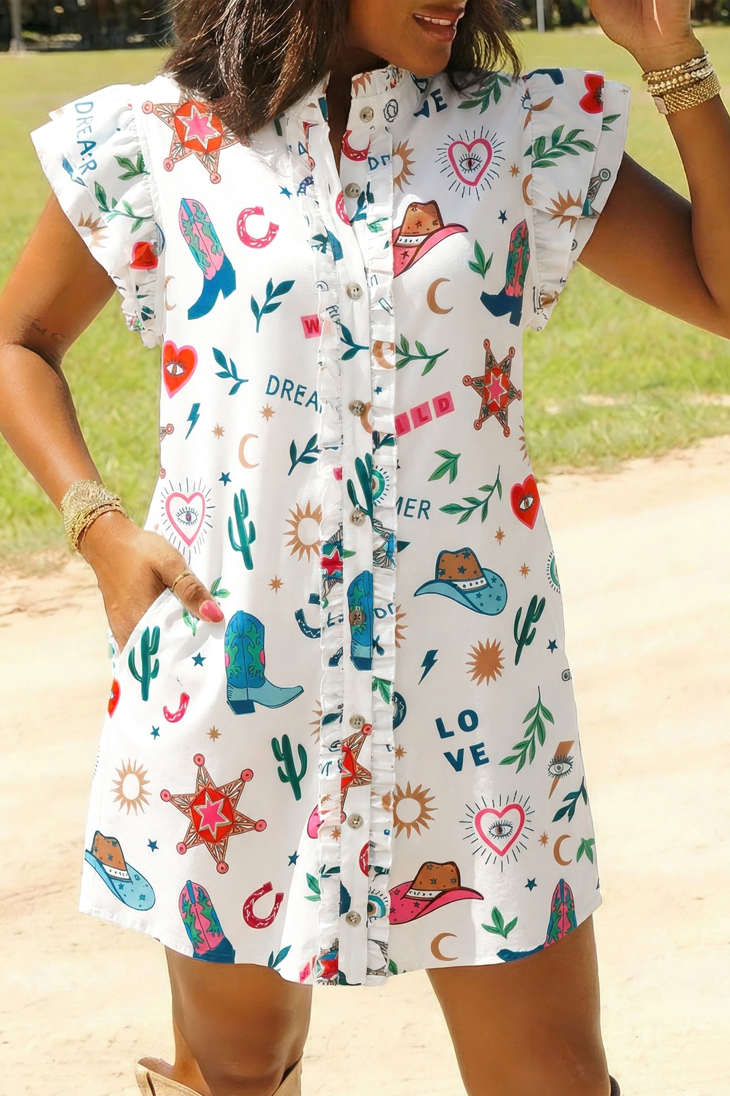 Western Print Flutter Sleeve Mini Dress – Button Down Boho Cowgirl Dress Dear-Lover Dropshipping Dresses/Mini Dresses