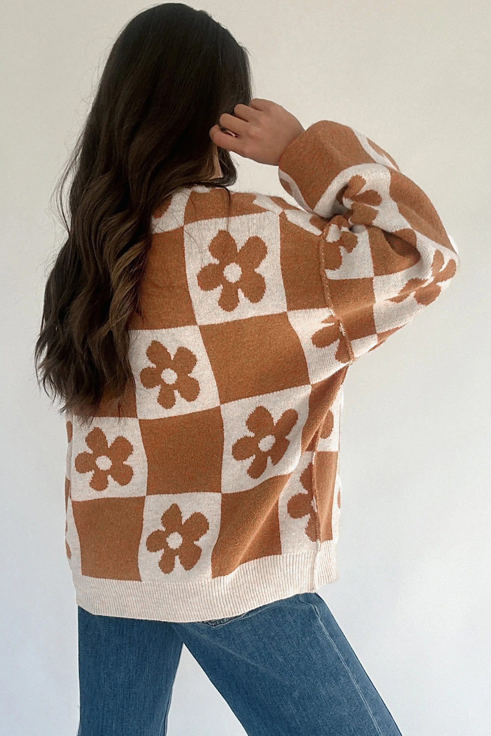 Brown Flower Colorblock Checkered Henley Sweater