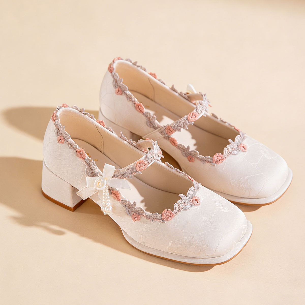 Oriental Jacquard Satin Mary Jane Heels – Embroidered Pearl Square Toe Dress Shoes CJ Dropshipping Flower Girl Shoes