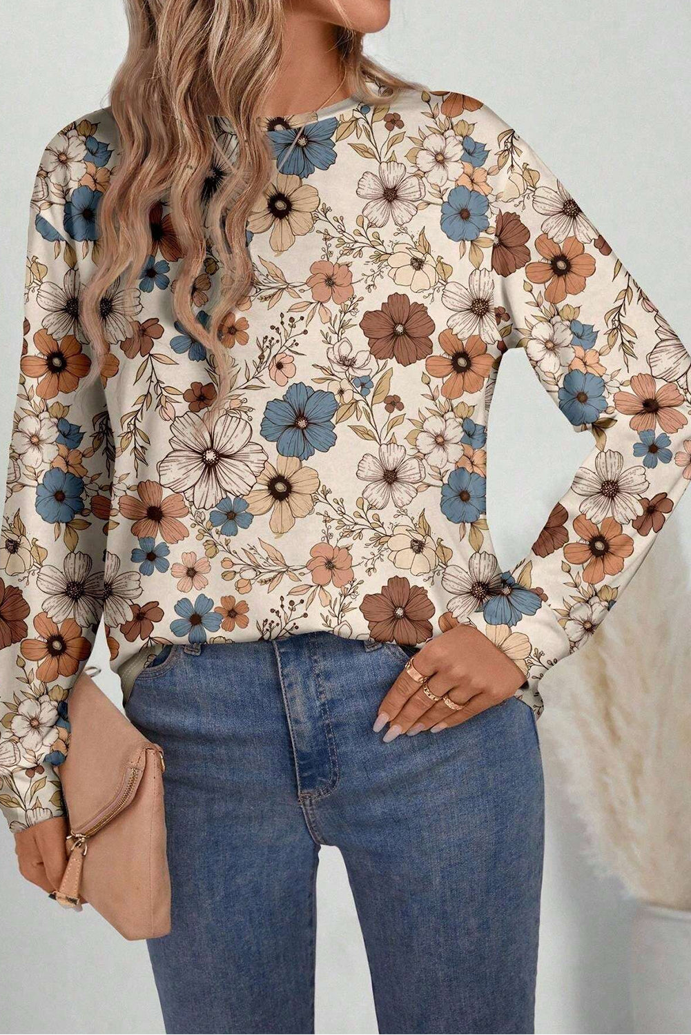 Khaki Floral Print Long Sleeve T Shirt