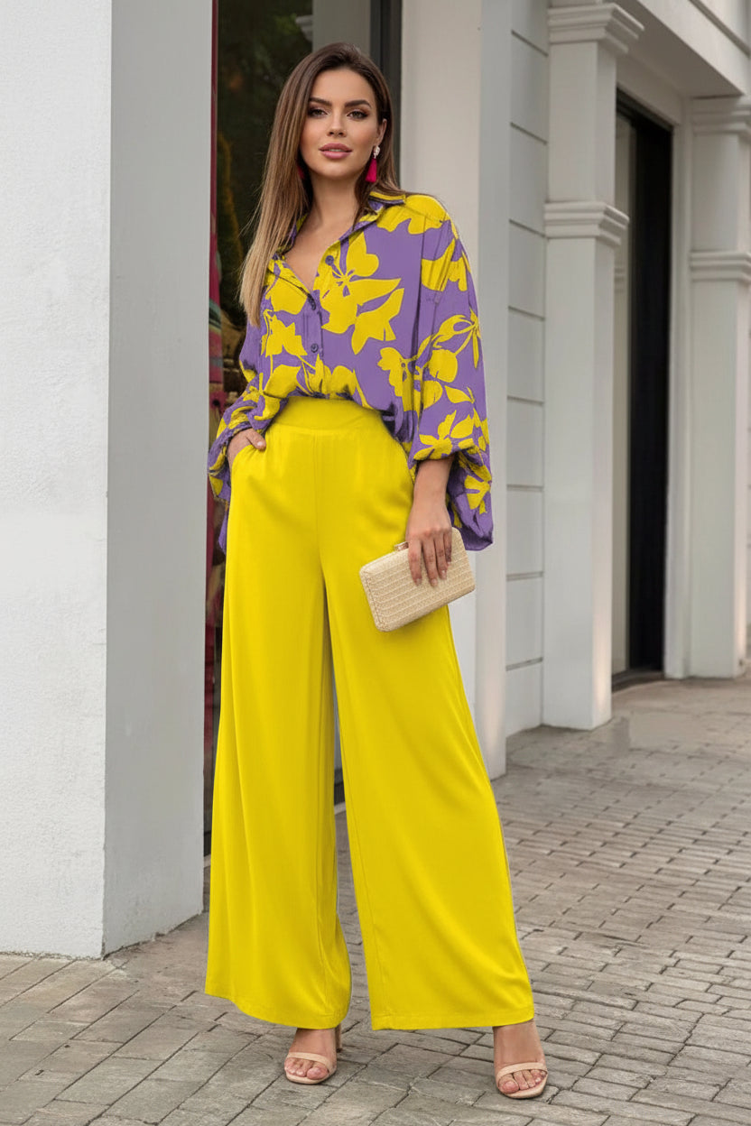 Loose & Printed Blouse and Coordinating Wide Leg Solid Color Pants Set Yellow CJ Dropshipping Loose Blouse and Pants Set