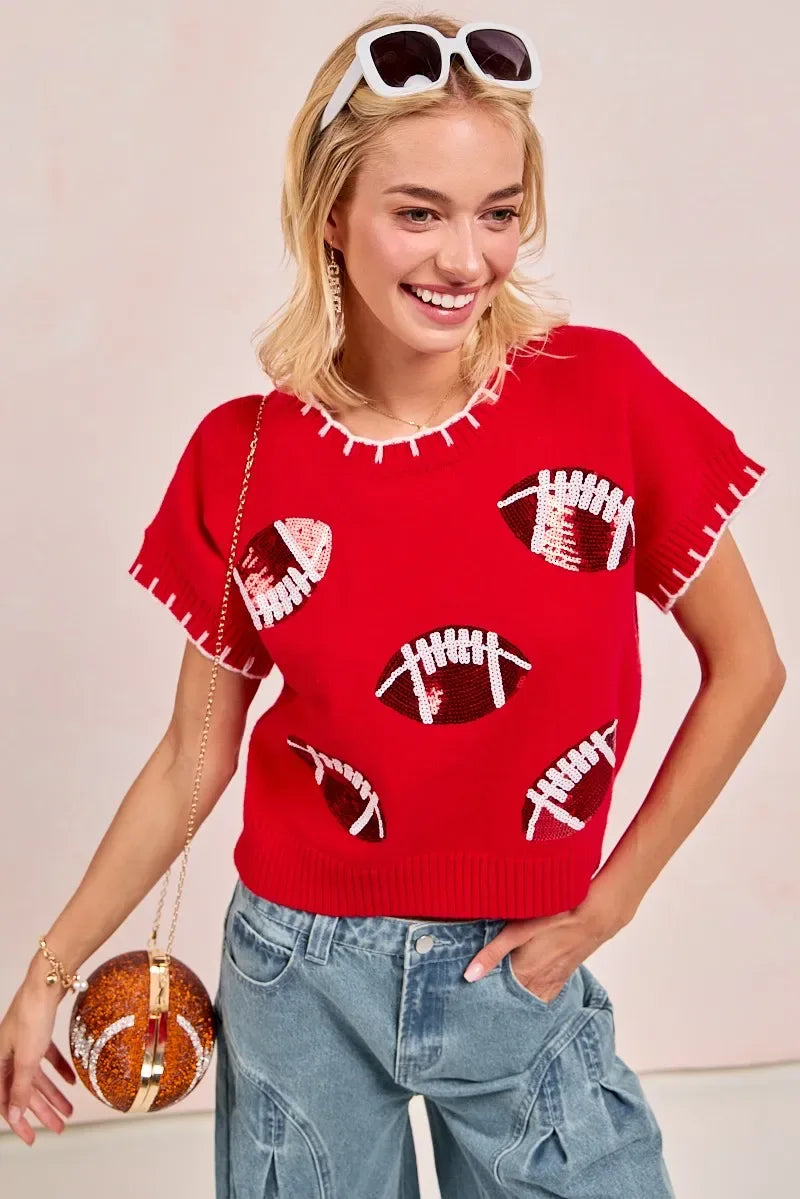 BiBi Gameday Sequin Football Embroidered Stitch Sweater Trendsi Football Shirt