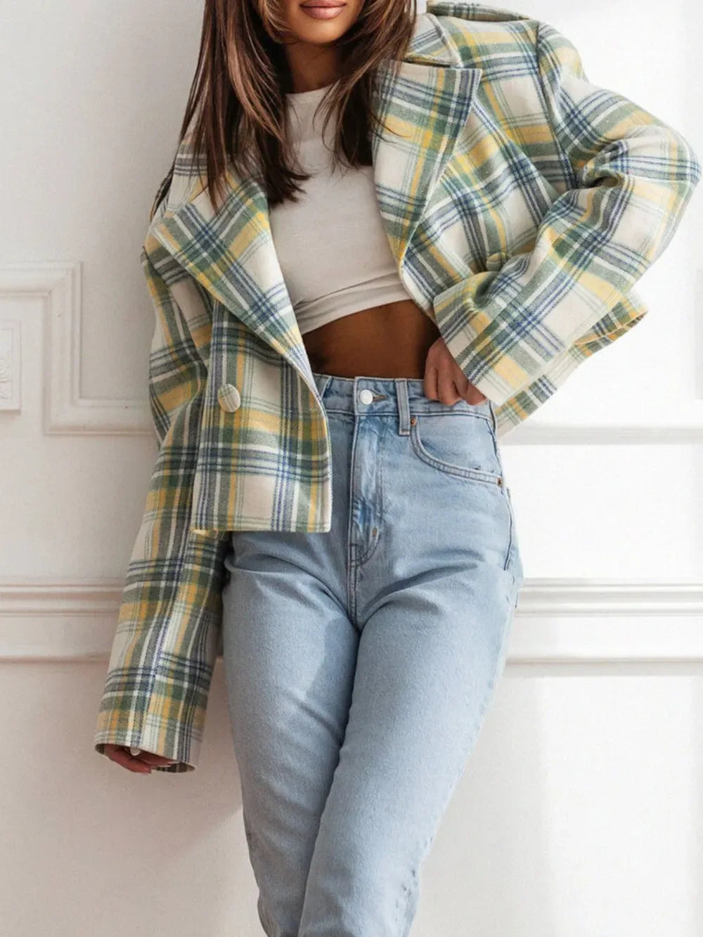 Lapel Collar Plaid Cropped Jacket