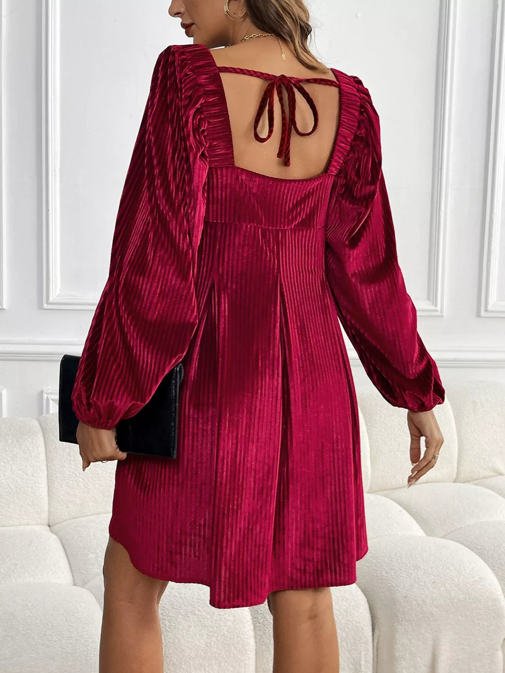 Textured Velvet Square Neck Long Sleeve Dress Bazaare Mart Long Sleeve Square Neck Velvet Dress