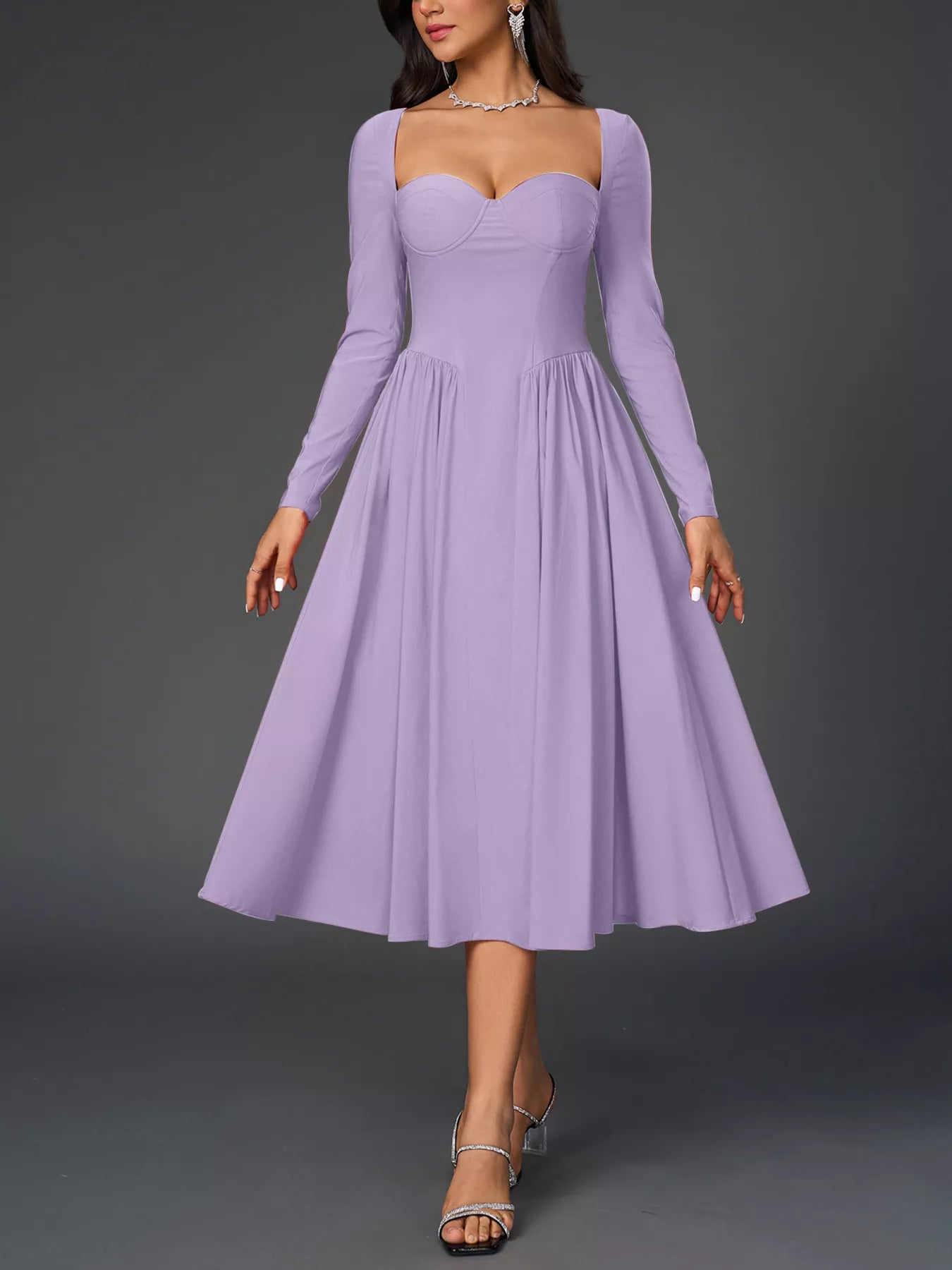 Sweetheart Neckline Long Sleeve A-Line Midi Dress Lilac Purple Trendsi Sweetheart Neckline Long Sleeve A-Line Midi