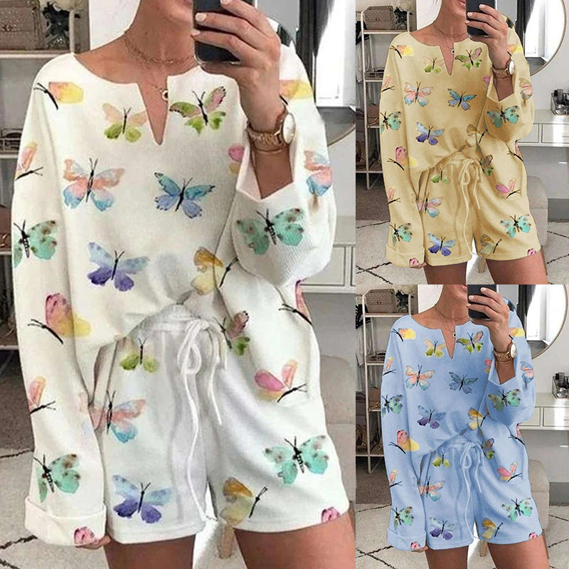 Women’s Butterfly Print Pajama Set – Casual Long Sleeve Loungewear Shorts Outfit CJ Dropshipping Shorts Set