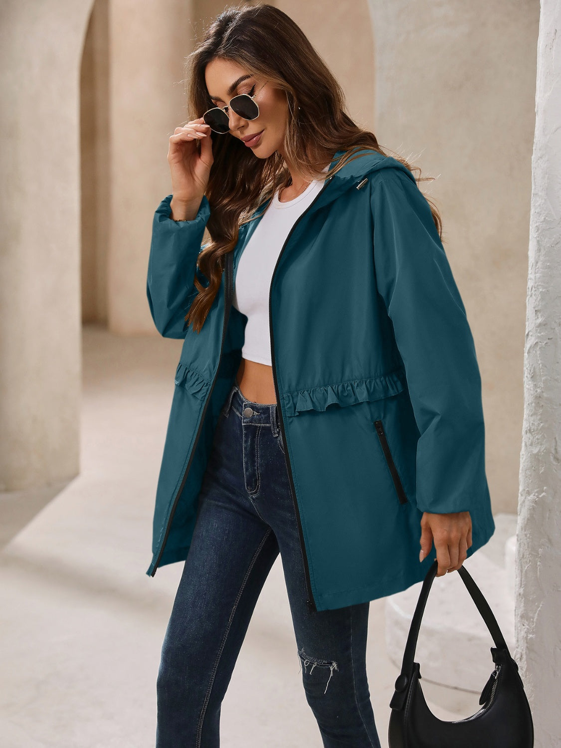 Waterproof Gathered Waist Hooded Jacket