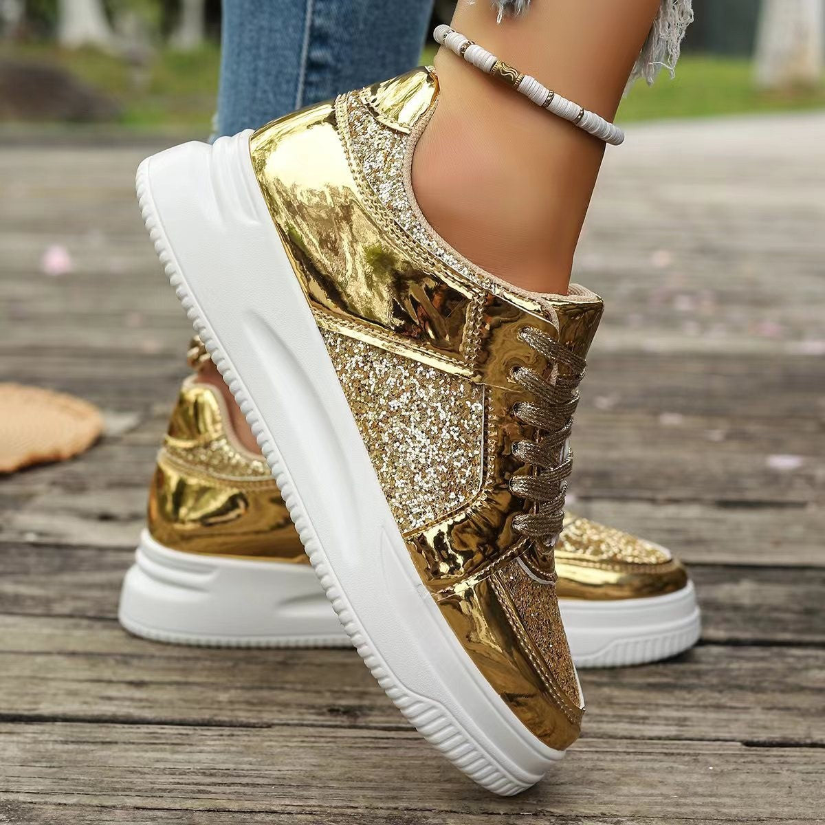 Glittery Round Toe Platform Sneakers