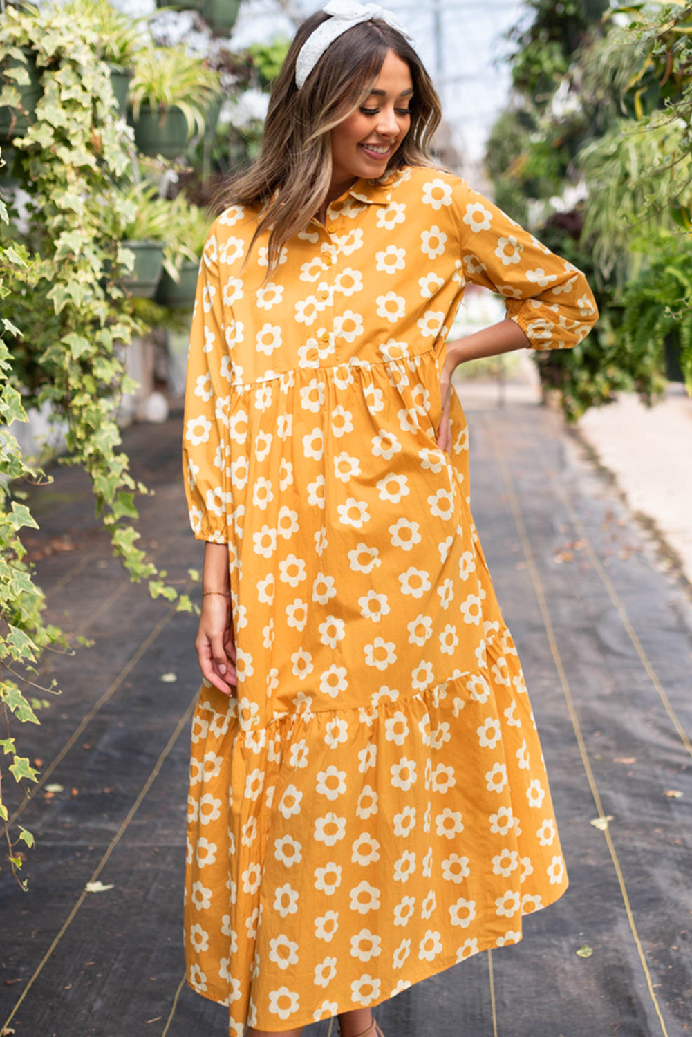 Yellow Flower 3/4 Sleeve Buttons Collared Maxi Dress