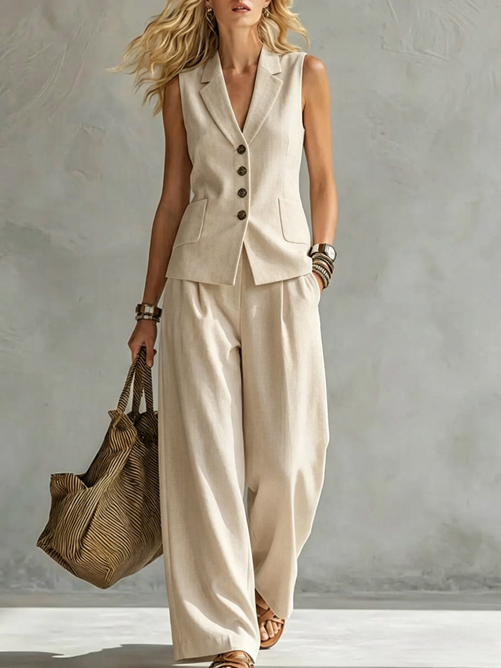 Women’s Sleeveless Linen Tank & Wide Leg Pants Set – Casual 2-Piece Summer Outfit Apricot CJ Dropshipping Vest and Pants Set