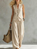 Women’s Sleeveless Linen Tank & Wide Leg Pants Set – Casual 2-Piece Summer Outfit Apricot CJ Dropshipping Vest and Pants Set