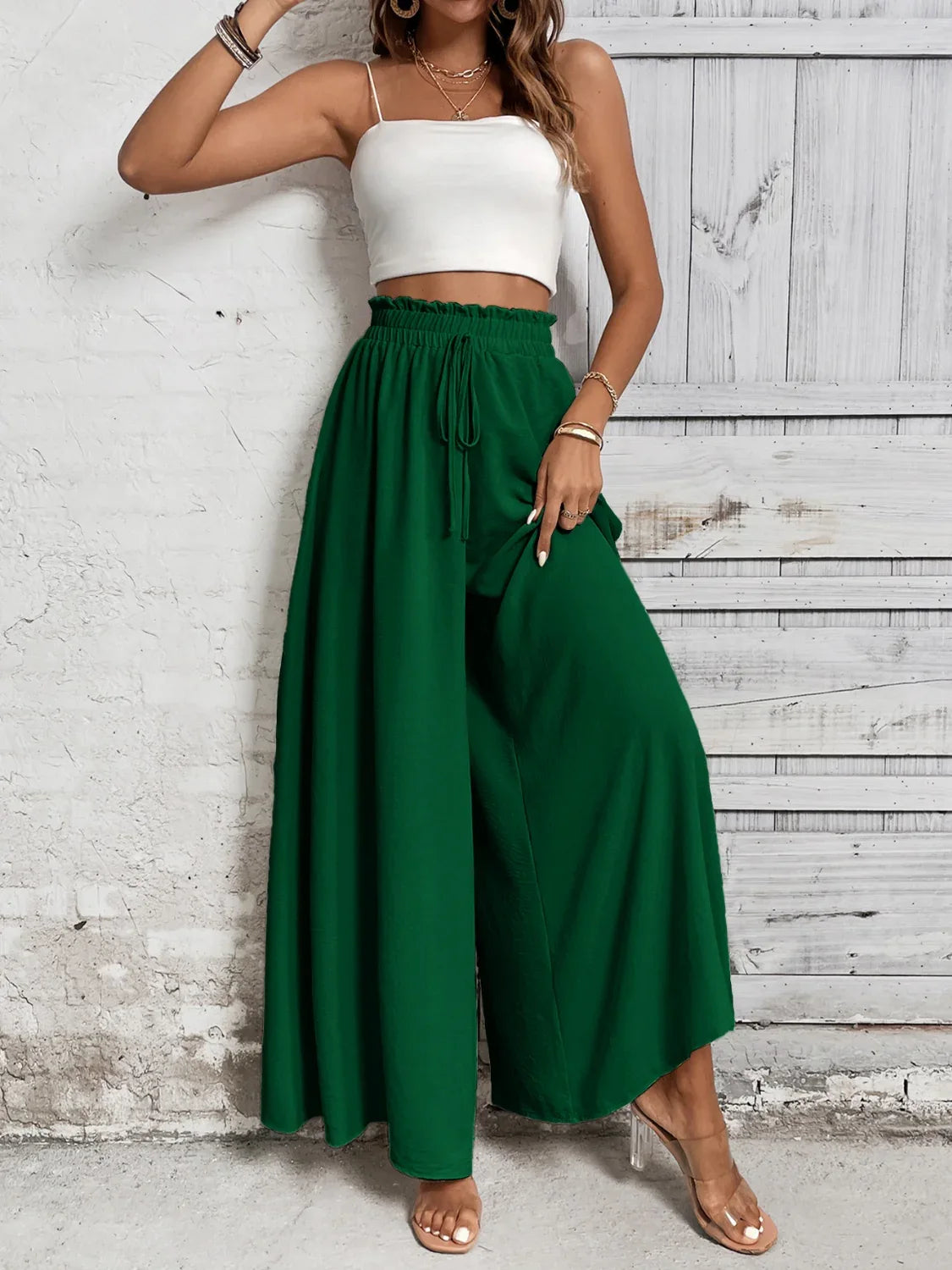 Tied High Waist Wide Leg Pants Dark Green Bazaare Mart Extra Wide Leg Pants