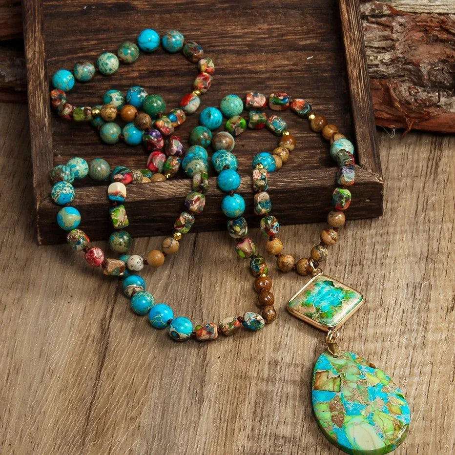 Long Boho Stone Drop Pendant Necklace - Bazaare Mart