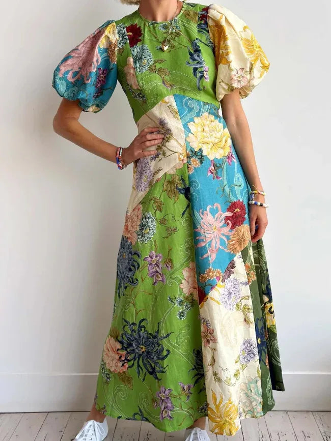 Green & Yellow Patchwork Puff Sleeve Midi Dress Bazaare Mart Floral Patch Midi Dress