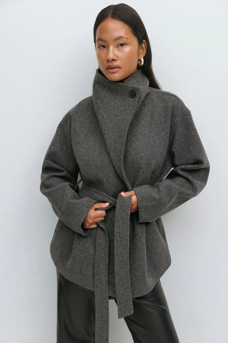 Classic Wrap Wool Coat Dark Gray Bazaare Mart Wool Sash Tie Jacket
