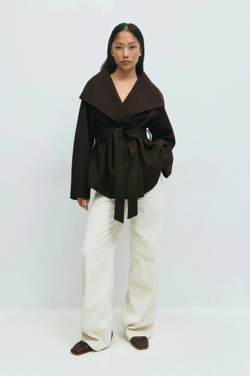 Classic Wrap Wool Coat Brown Bazaare Mart Wool Sash Tie Jacket