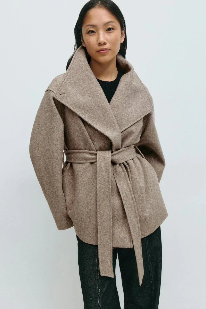 Classic Wrap Wool Coat Camel Bazaare Mart Wool Sash Tie Jacket