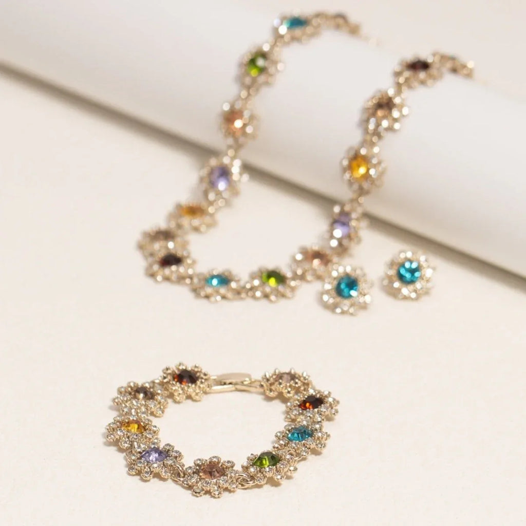 Colorful Halo Rhinestone Necklace Earrings and Bracelet Set - Bazaare Mart