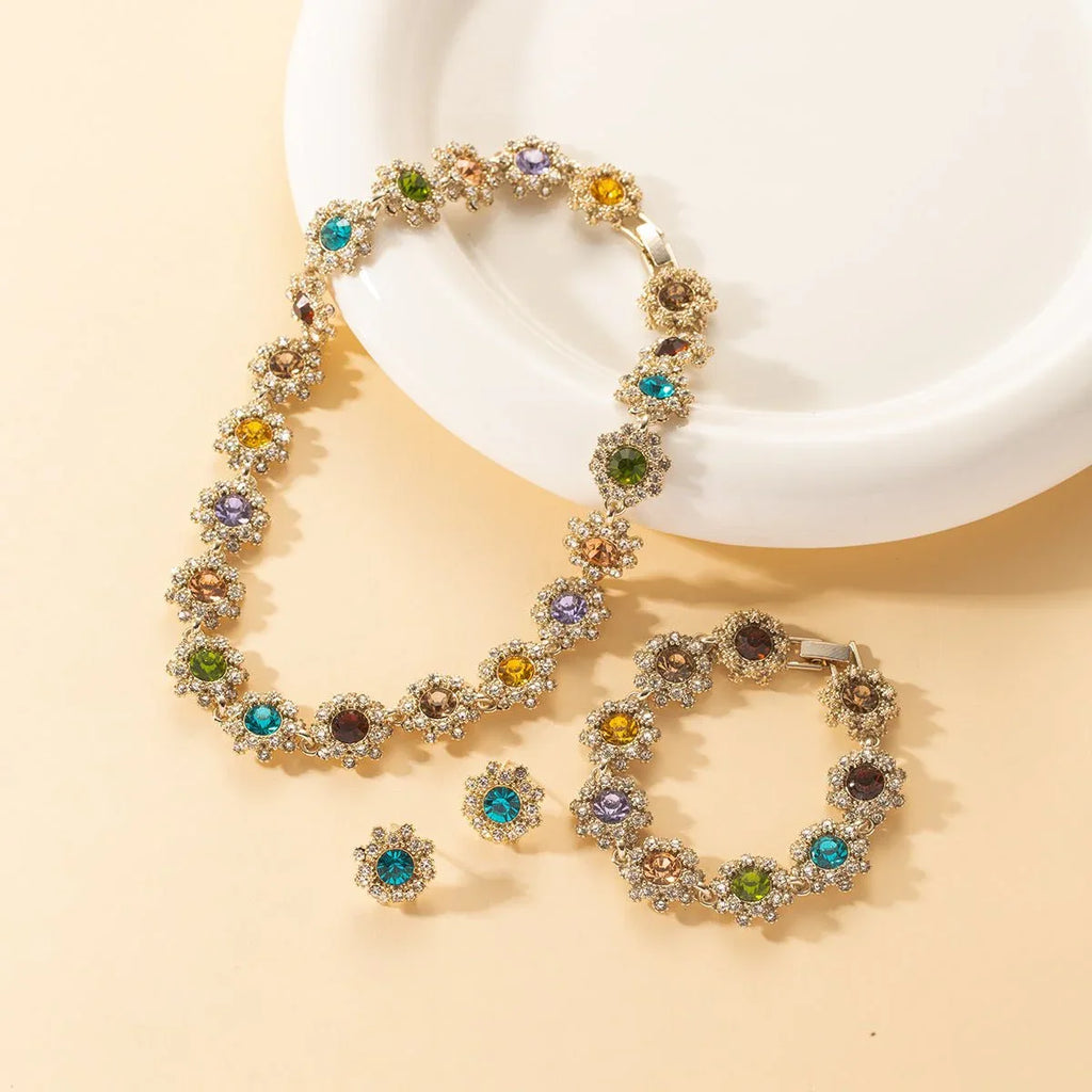 Colorful Halo Rhinestone Necklace Earrings and Bracelet Set - Bazaare Mart