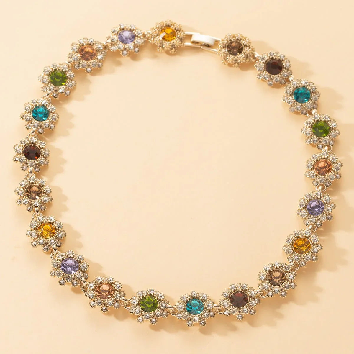 Colorful Halo Rhinestone Necklace Earrings and Bracelet Set - Bazaare Mart