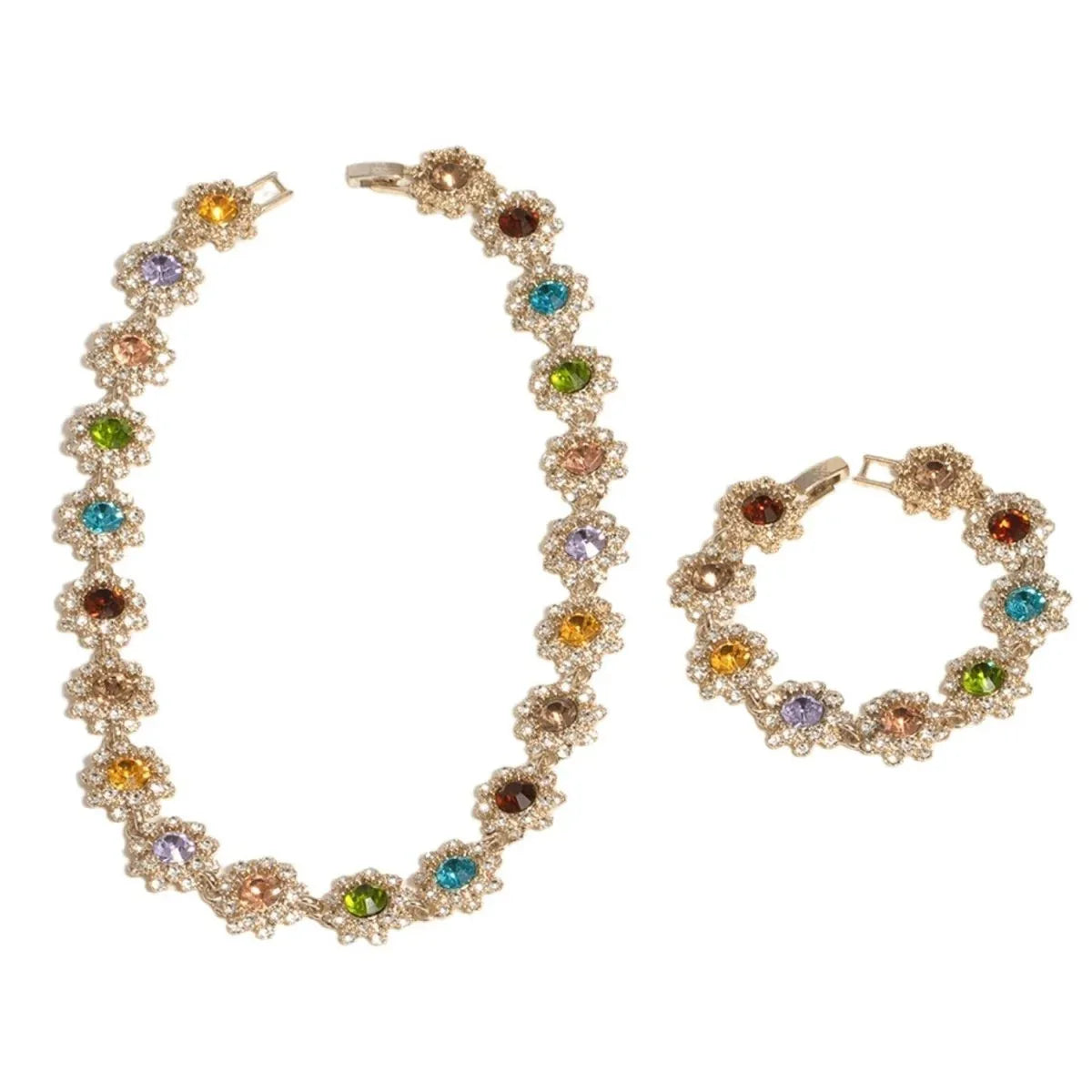 Colorful Halo Rhinestone Necklace Earrings and Bracelet Set - Bazaare Mart