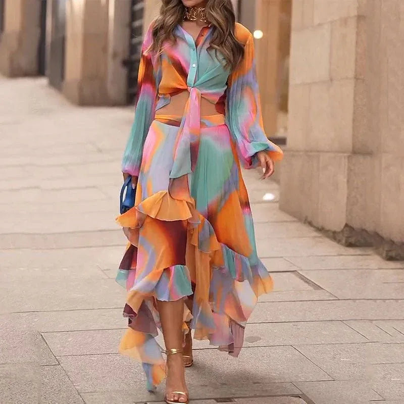 Colorful Midi Asymmetric Skirt Set Bazaare Mart Patchwork Scarf Skirt Outfit