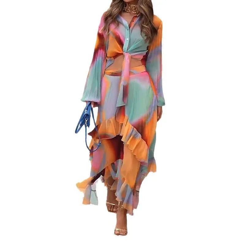 Colorful Midi Asymmetric Skirt Set Bazaare Mart Patchwork Scarf Skirt Outfit