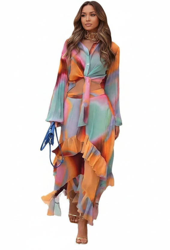 Colorful Midi Asymmetric Skirt Set Bazaare Mart Patchwork Scarf Skirt Outfit