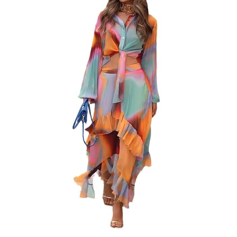 Colorful Midi Asymmetric Skirt Set - Bazaare Mart