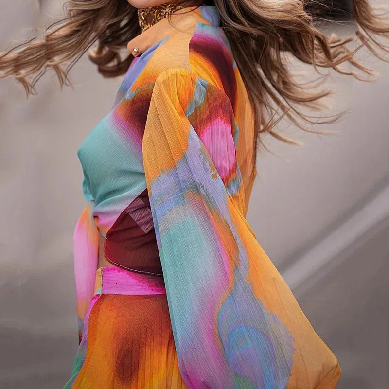 Colorful Midi Asymmetric Skirt Set Bazaare Mart Patchwork Scarf Skirt Outfit