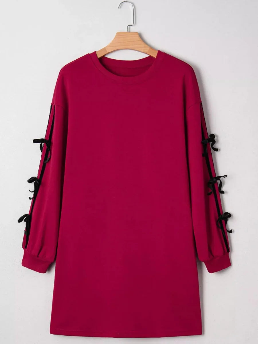 Contrast Striped Bow Detail Drop Shoulder Sweatshirt Dress with Pockets Bazaarre Mart Contrast Striped Bow Detail Drop Shoulder Sweater Dress