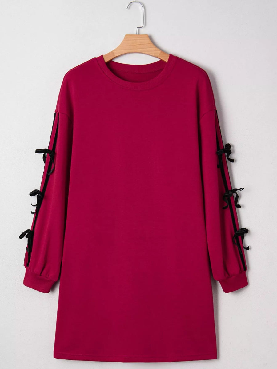 Contrast Striped Bow Detail Drop Shoulder Sweatshirt Dress with Pockets - Bazaare Mart