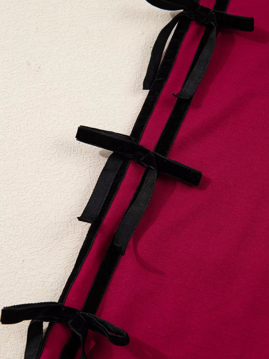 Contrast Striped Bow Detail Drop Shoulder Sweatshirt Dress with Pockets - Bazaare Mart