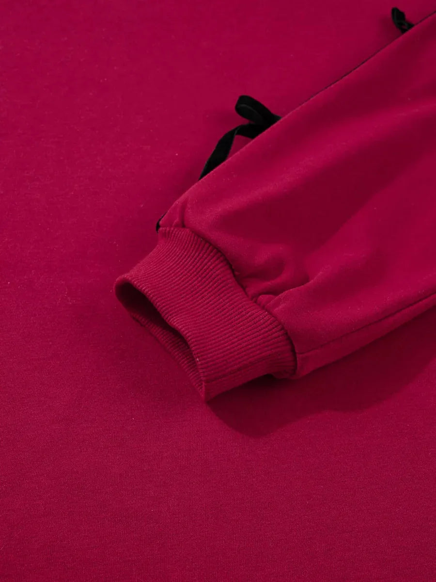 Contrast Striped Bow Detail Drop Shoulder Sweatshirt Dress with Pockets Bazaarre Mart Contrast Striped Bow Detail Drop Shoulder Sweater Dress