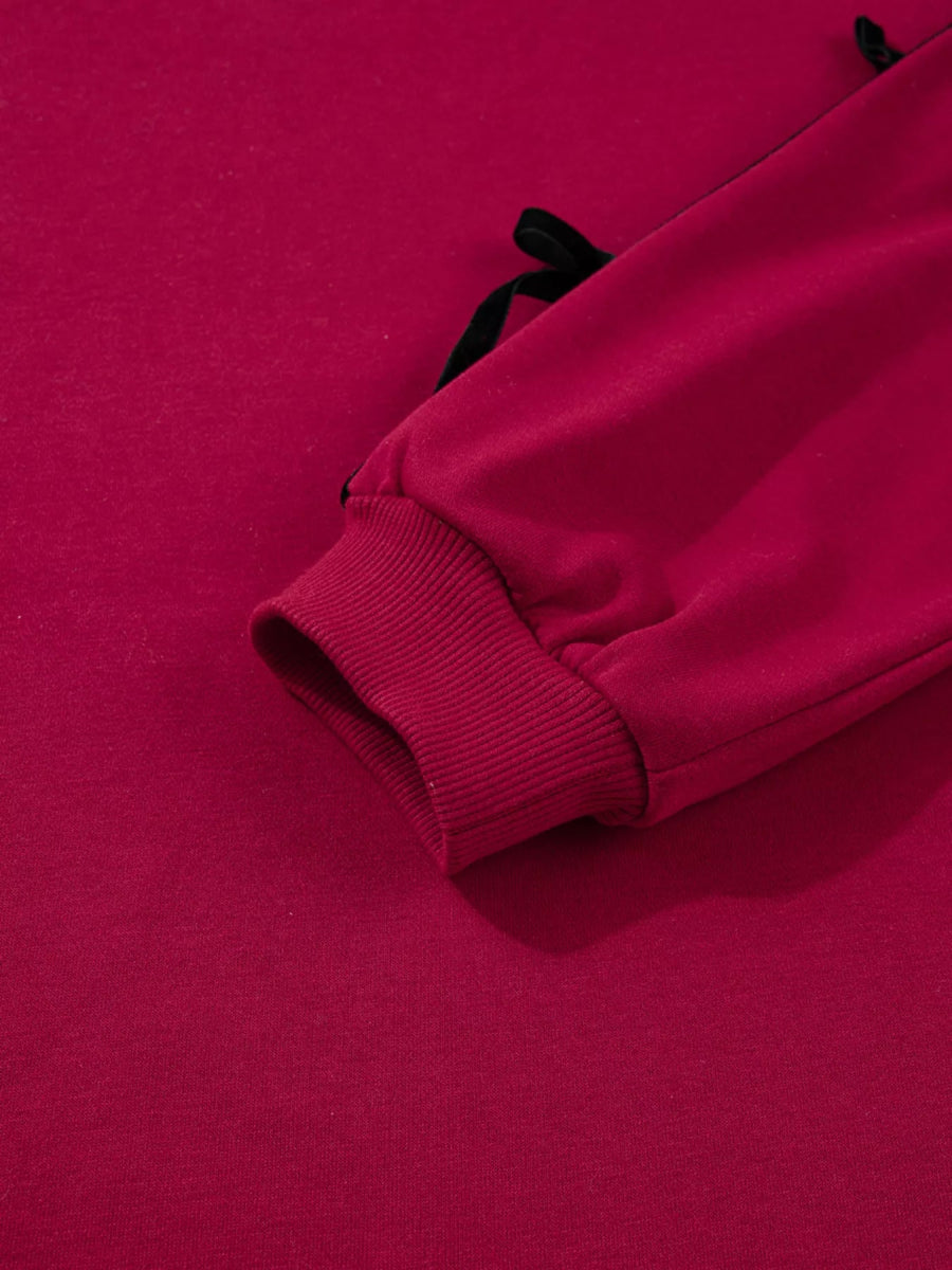 Contrast Striped Bow Detail Drop Shoulder Sweatshirt Dress with Pockets - Bazaare Mart