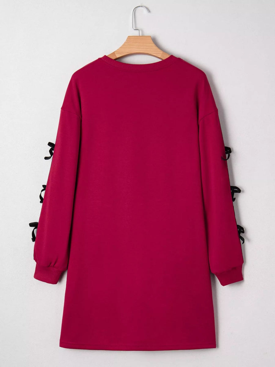 Contrast Striped Bow Detail Drop Shoulder Sweatshirt Dress with Pockets - Bazaare Mart