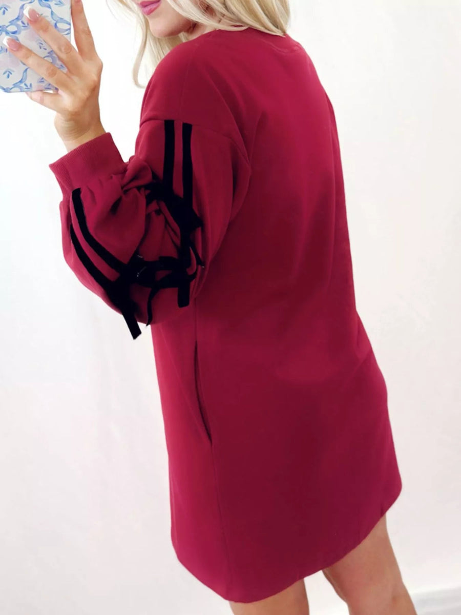 Contrast Striped Bow Detail Drop Shoulder Sweatshirt Dress with Pockets - Bazaare Mart