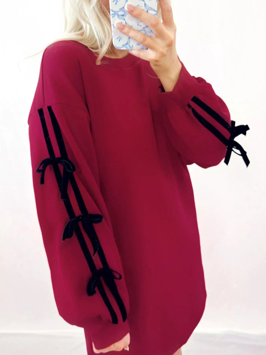 Contrast Striped Bow Detail Drop Shoulder Sweatshirt Dress with Pockets - Bazaare Mart