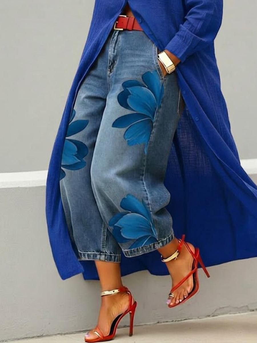 Women’s Loose Wide-Leg Printed Trousers – Comfortable Elegant Casual Pants Blue CJ Dropshipping Wide Leg Painted Floral Jeans