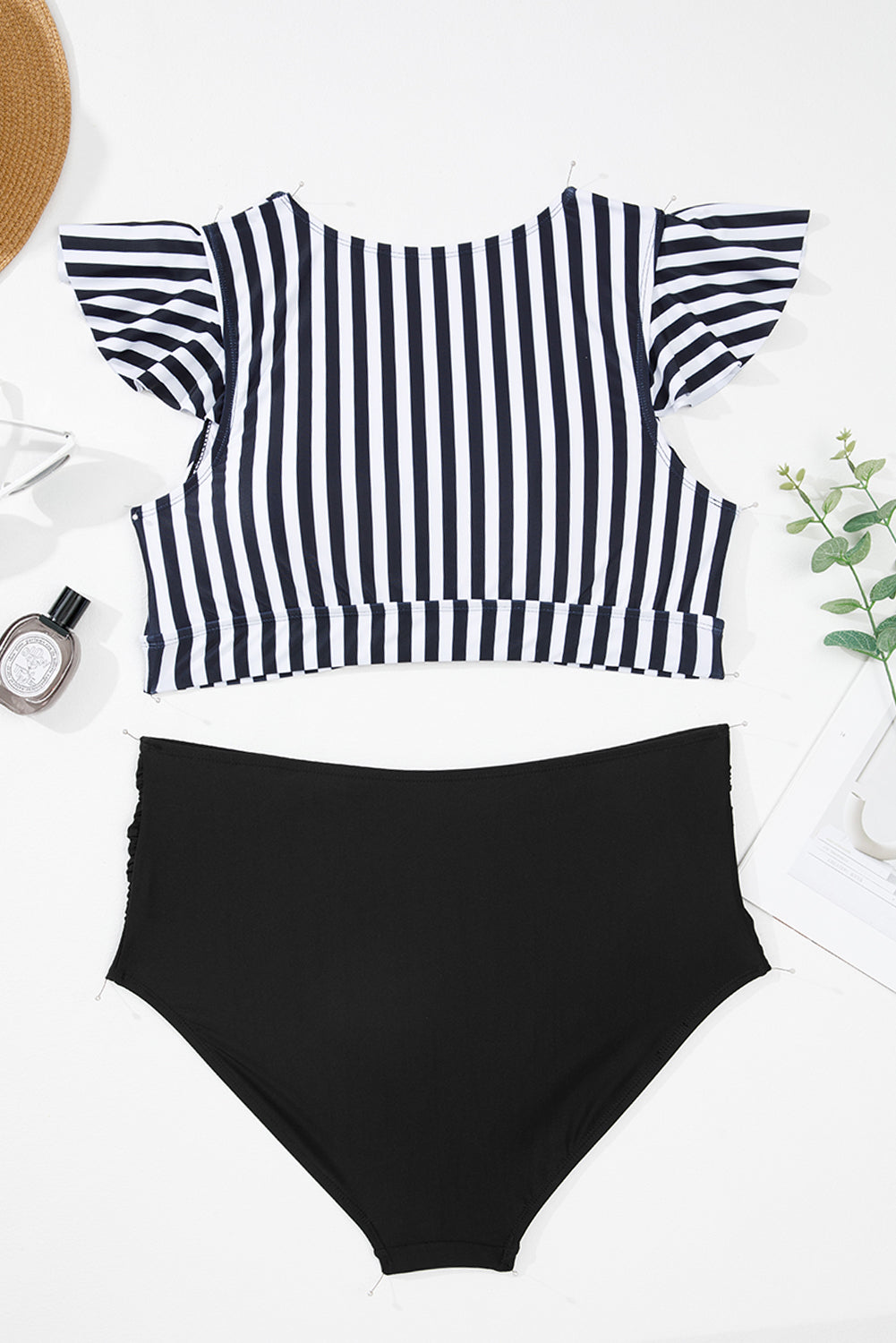 B&W Stripe Plus Size Ruffle Sleeve and High Waist 2pcs Swimsuit